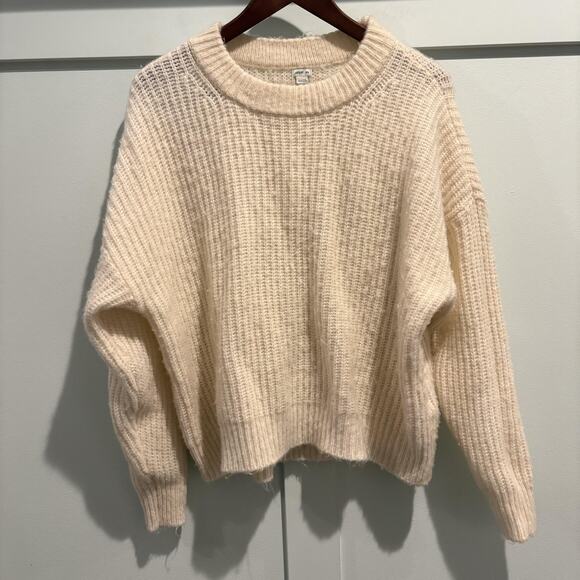 Aerie Sweater Womens Medium Cream Chunky Knit Ribbed Crewneck Wool Blend Cozy - Picture 1 of 11